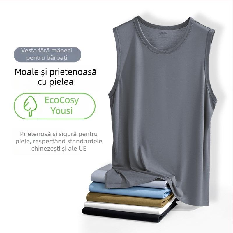 Top bărbați fără mâneci, spate încrucișat, Yuke Silk, 70% viscose, croială mulata, luciu de mătase