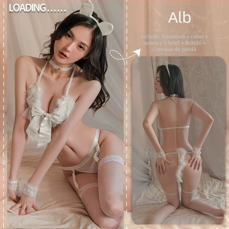 Lenjerie sexy pentru roluri: Cat girl și Bunny girl, design transparent cu decolteu, material poliester
