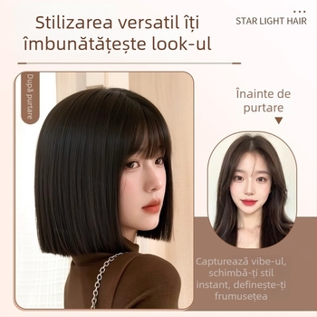 Perucă completă pentru femei, aspect natural, bob scurt cu breton drept, fibre sintetice rezistente la căldură