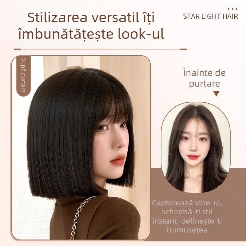 Perucă completă pentru femei, aspect natural, bob scurt cu breton drept, fibre sintetice rezistente la căldură