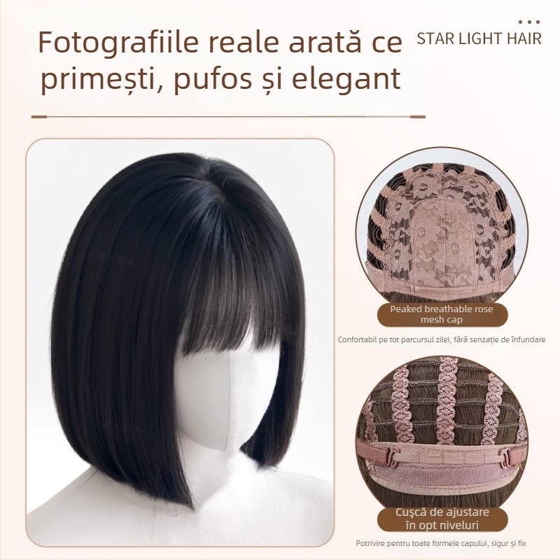 Perucă completă pentru femei, aspect natural, bob scurt cu breton drept, fibre sintetice rezistente la căldură