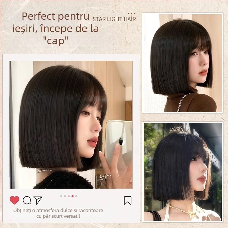 Perucă completă pentru femei, aspect natural, bob scurt cu breton drept, fibre sintetice rezistente la căldură