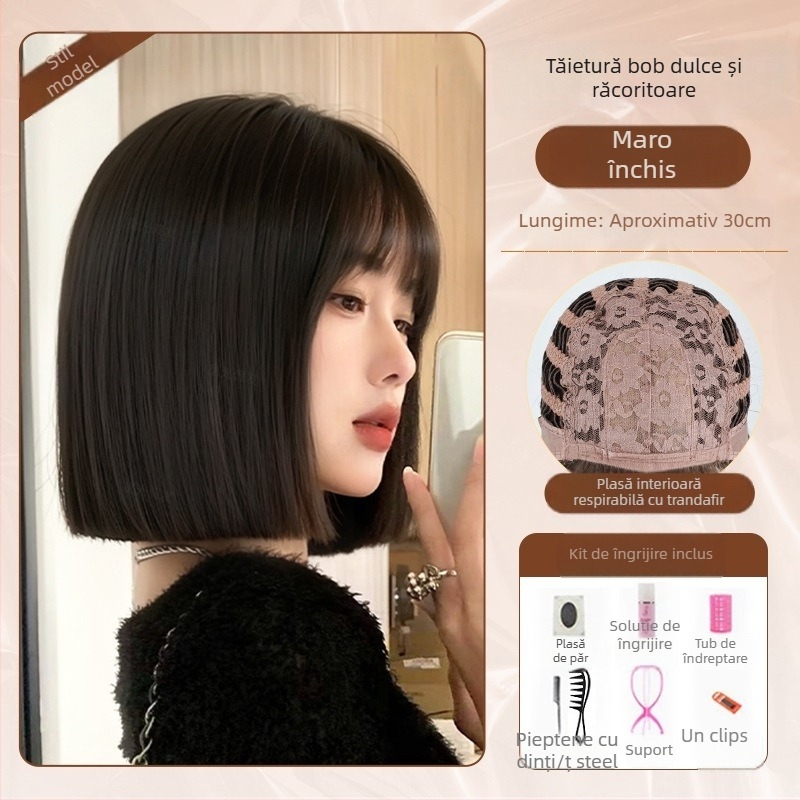 Perucă completă pentru femei, aspect natural, bob scurt cu breton drept, fibre sintetice rezistente la căldură