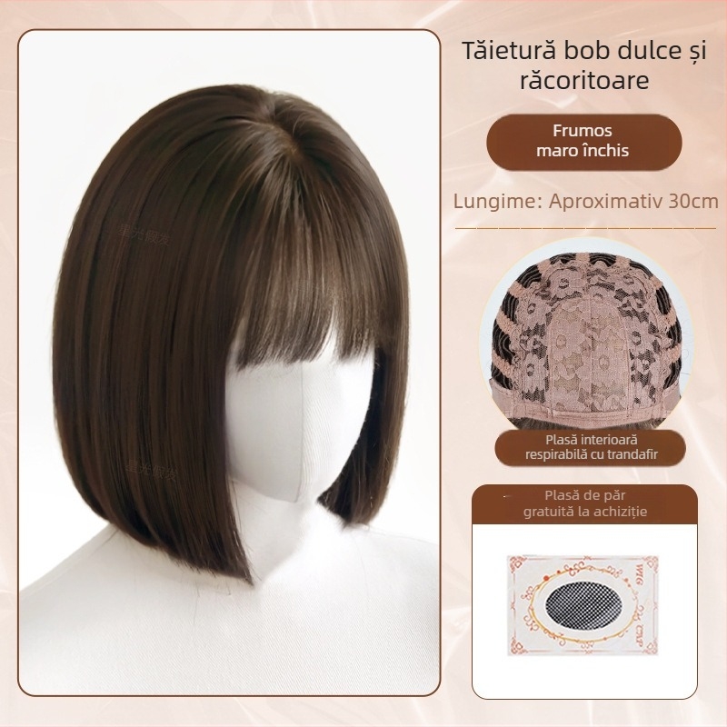 Perucă completă pentru femei, aspect natural, bob scurt cu breton drept, fibre sintetice rezistente la căldură