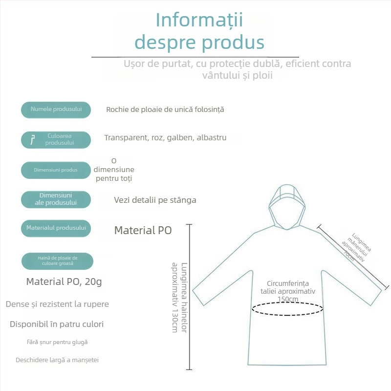 Poncho de ploaie portabil pentru adulți, de unică folosință, material TPE, grosime 1,5 mm, greutate 13 g