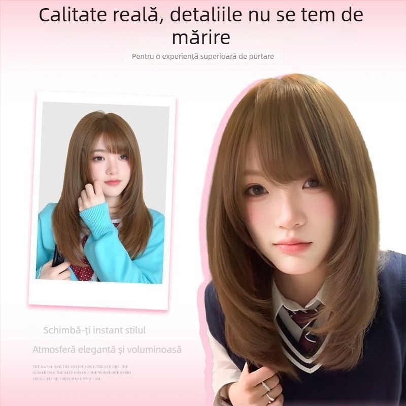 Perucă lungă, păr drept, bretonă înclinată, stil natural, model X-129, proces mecanic, păr din mătase rezistentă la temperaturi înalte