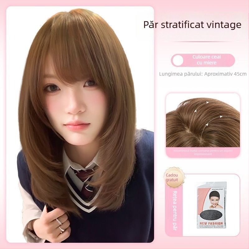 Perucă lungă, păr drept, bretonă înclinată, stil natural, model X-129, proces mecanic, păr din mătase rezistentă la temperaturi înalte