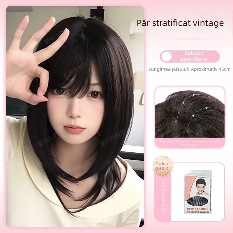 Perucă lungă, păr drept, bretonă înclinată, stil natural, model X-129, proces mecanic, păr din mătase rezistentă la temperaturi înalte