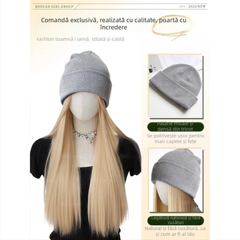 Perucă cu pălărie integrată, stil natural, păr lung drept; Material păr: mătase rezistentă la temperatură; Tip parucă: parucă cu pălărie; Procesare: mecanizată; Franjă: Fără