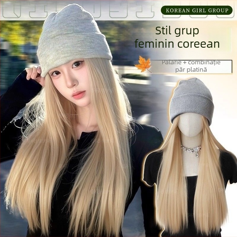 Perucă cu pălărie integrată, stil natural, păr lung drept; Material păr: mătase rezistentă la temperatură; Tip parucă: parucă cu pălărie; Procesare: mecanizată; Franjă: Fără