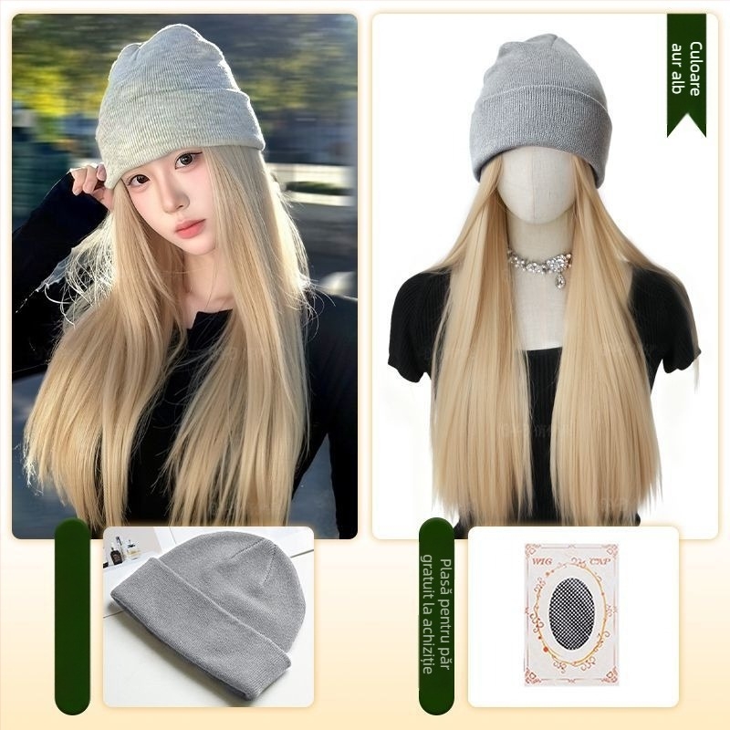 Perucă cu pălărie integrată, stil natural, păr lung drept; Material păr: mătase rezistentă la temperatură; Tip parucă: parucă cu pălărie; Procesare: mecanizată; Franjă: Fără