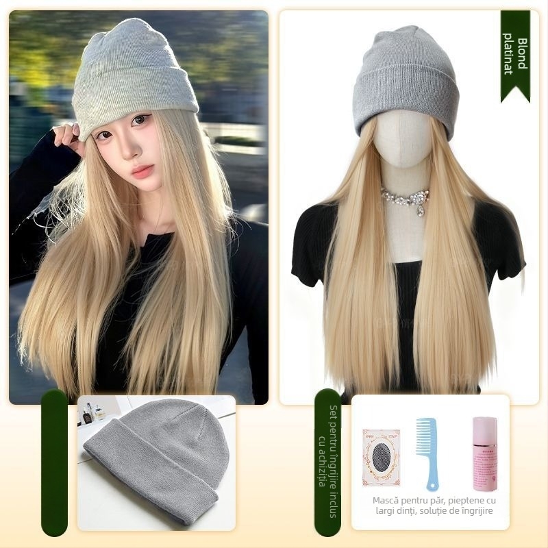 Perucă cu pălărie integrată, stil natural, păr lung drept; Material păr: mătase rezistentă la temperatură; Tip parucă: parucă cu pălărie; Procesare: mecanizată; Franjă: Fără