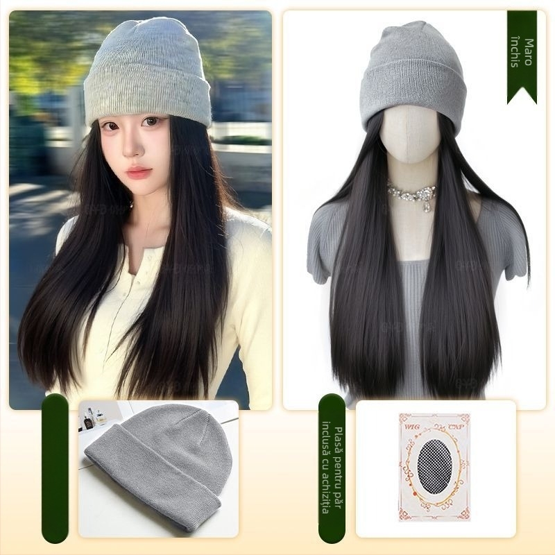 Perucă cu pălărie integrată, stil natural, păr lung drept; Material păr: mătase rezistentă la temperatură; Tip parucă: parucă cu pălărie; Procesare: mecanizată; Franjă: Fără