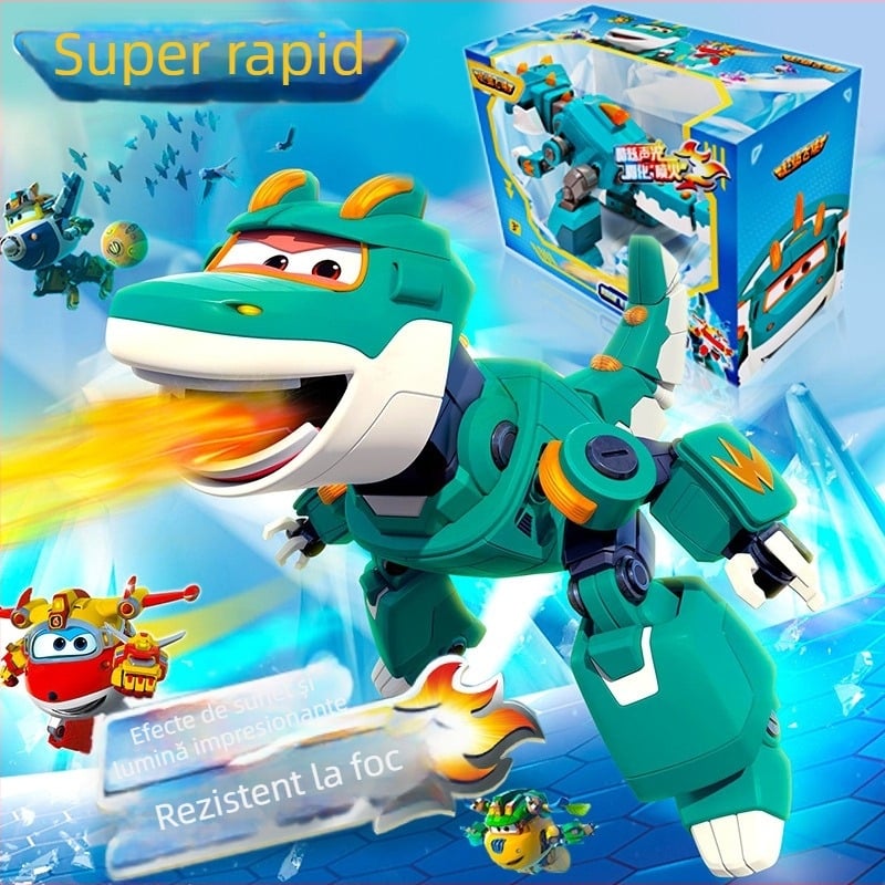 Robot dinozaur transformabil cu sunet și lumină și efect de ceață — Super Flying Hero, personaj anime, pentru copii 7–14 ani