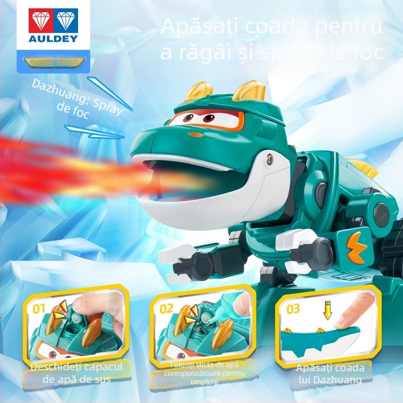 Robot dinozaur transformabil cu sunet și lumină și efect de ceață — Super Flying Hero, personaj anime, pentru copii 7–14 ani