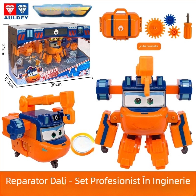 Robot dinozaur transformabil cu sunet și lumină și efect de ceață — Super Flying Hero, personaj anime, pentru copii 7–14 ani