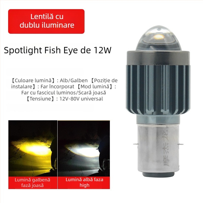 Far LED pentru motocicletă, vehicul electric și triciclu – universal 12V-85V, 12W, 3500lm, 4000K, carcasă din aluminiu