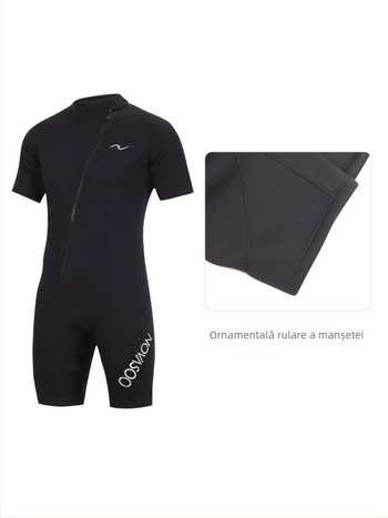 Costum de neopren 3mm, într-o piesă, mâneci scurte, fermoar diagonal, pentru freediving, snorkeling și scufundări – păstrează căldura