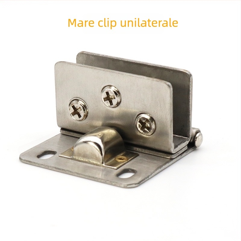 Balama din oțel inoxidabil pentru sticlă – montaj fără găuri; potrivită pentru vitrine, dulapuri pentru vin, ferestre și alte uși din sticlă; Model ST500201; domeniu prinderi 5–10 mm; finisaj cu trasare pe fir