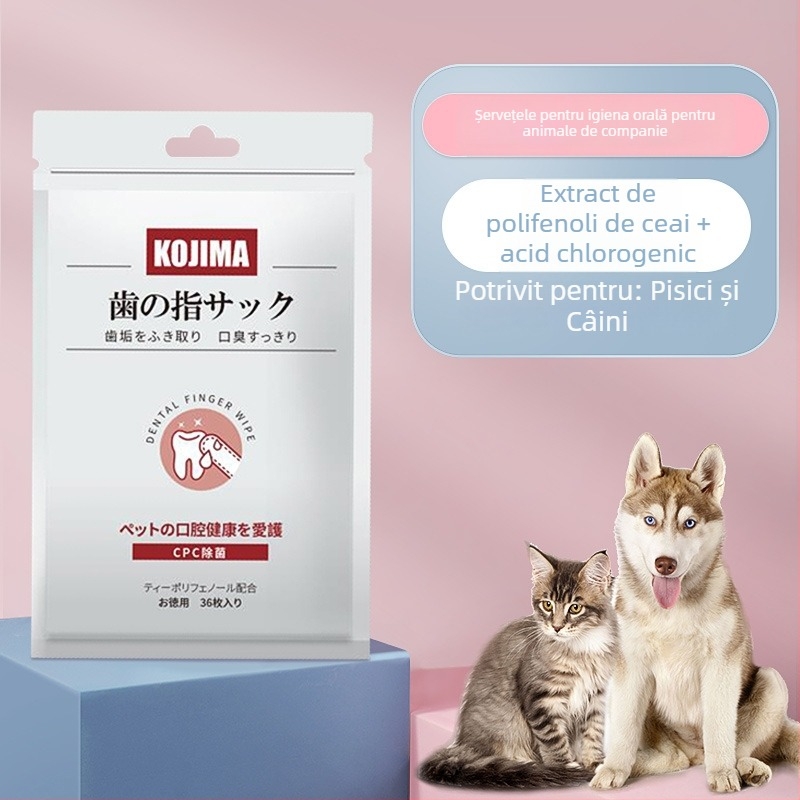 Kit de îngrijire dentară pentru animale de companie: perie deget și șervețele umede pentru pisici și câini (antibacterian, respirație proaspătă, îndepărtarea petelor, controlul tartrului)