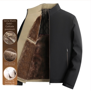 Geacă de bărbați cu guler înalt, căptușeală din blană, fermoar frontal, buzunare laterale
