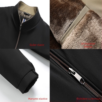 Geacă de bărbați cu guler înalt, căptușeală din blană, fermoar frontal, buzunare laterale