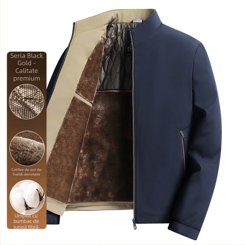 Geacă de bărbați cu guler înalt, căptușeală din blană, fermoar frontal, buzunare laterale