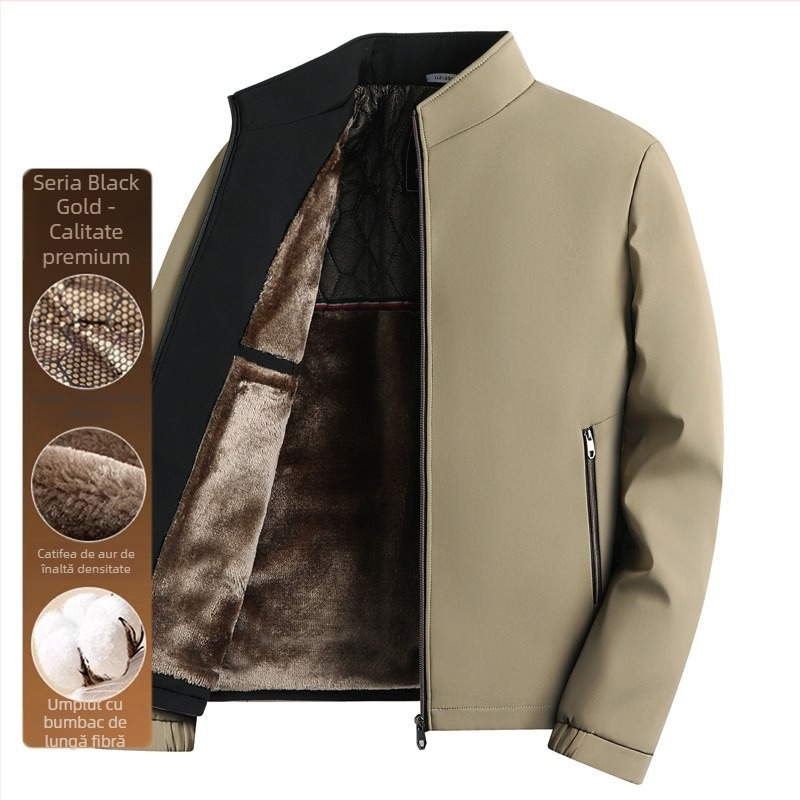 Geacă de bărbați cu guler înalt, căptușeală din blană, fermoar frontal, buzunare laterale