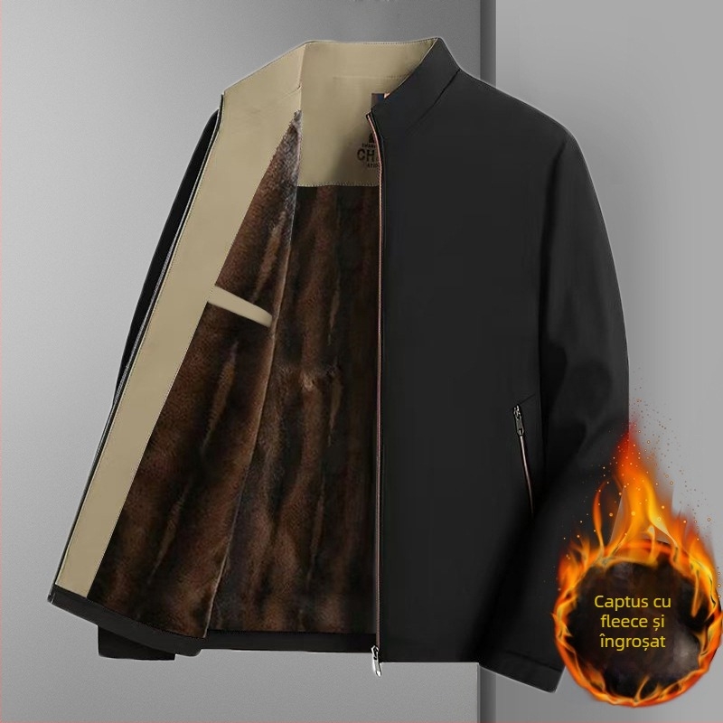 Geacă de bărbați cu guler înalt, căptușeală din blană, fermoar frontal, buzunare laterale