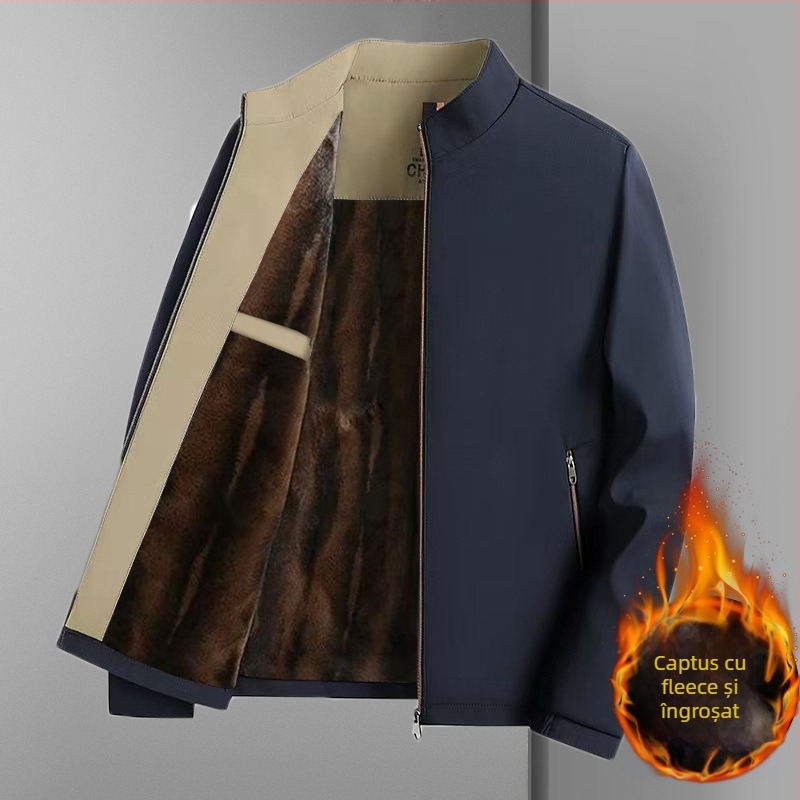 Geacă de bărbați cu guler înalt, căptușeală din blană, fermoar frontal, buzunare laterale