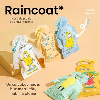 Poncă de ploaie în formă de card pentru adulți și copii, stil desen animat, țesătură PE 0,03 mm, strat impermeabil cu adeziv PE, design portabil cu buzunar