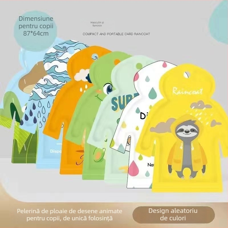Poncă de ploaie în formă de card pentru adulți și copii, stil desen animat, țesătură PE 0,03 mm, strat impermeabil cu adeziv PE, design portabil cu buzunar