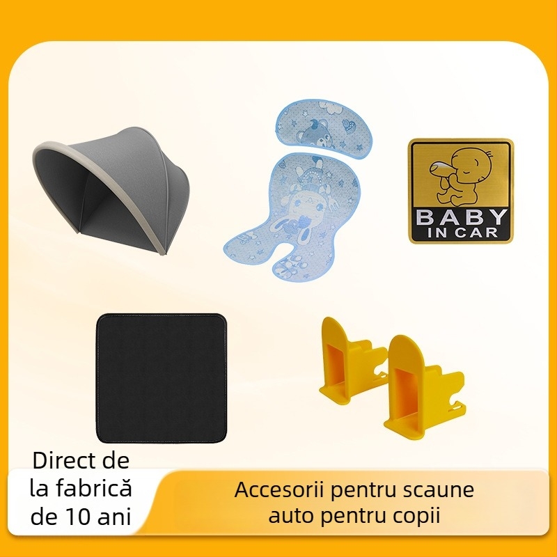 Set de accesorii pentru scaunul auto al copiilor: parasol de umbrire, pernă antiuzură, covoraș auto, etichetă reflectorizantă | Brand: Good luck; Material: Plastic; Origine: Ningbo, Zhejiang