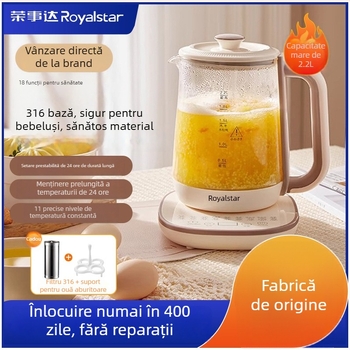Royalstar Ceainic pentru sănătate, 1.5–2 L; corp din borosilikat cu vas interior din sticlă; 220 V, 500–1000 W; control prin atingere cu termostat digital și control inteligent al temperaturii; oprire automată.