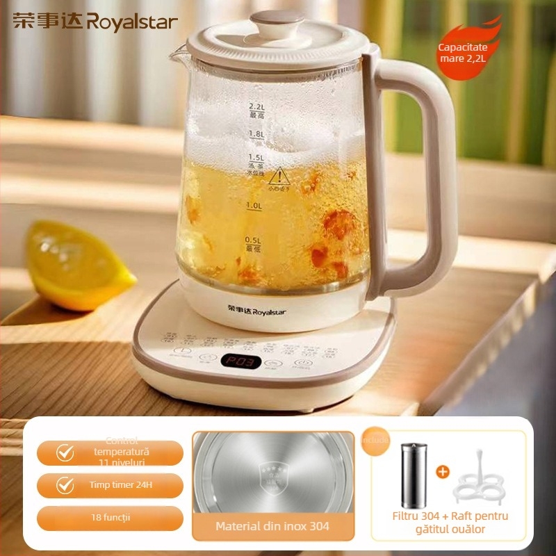 Royalstar Ceainic pentru sănătate, 1.5–2 L; corp din borosilikat cu vas interior din sticlă; 220 V, 500–1000 W; control prin atingere cu termostat digital și control inteligent al temperaturii; oprire automată.