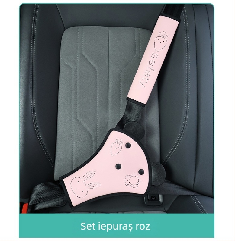 Reglaj centură auto pentru copii cu pernă desenată pentru umăr și limitator de burtă cu iepuraș drăguț – Material: PU soft leather sponge; Personalizare disponibilă; Design ajustabil