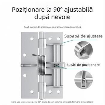 Balama cu arc pentru uși din lemn, cu închizător încorporat, design ascuns, poziționare la 90°, oțel mangan.