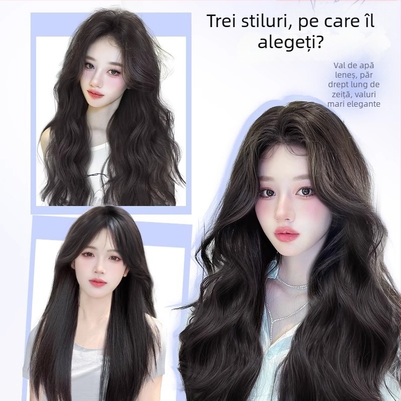 Perucă: păr lung cu bucle mari, aspect natural, fibră termorezistentă, breton oblic, acoperire completă a capului