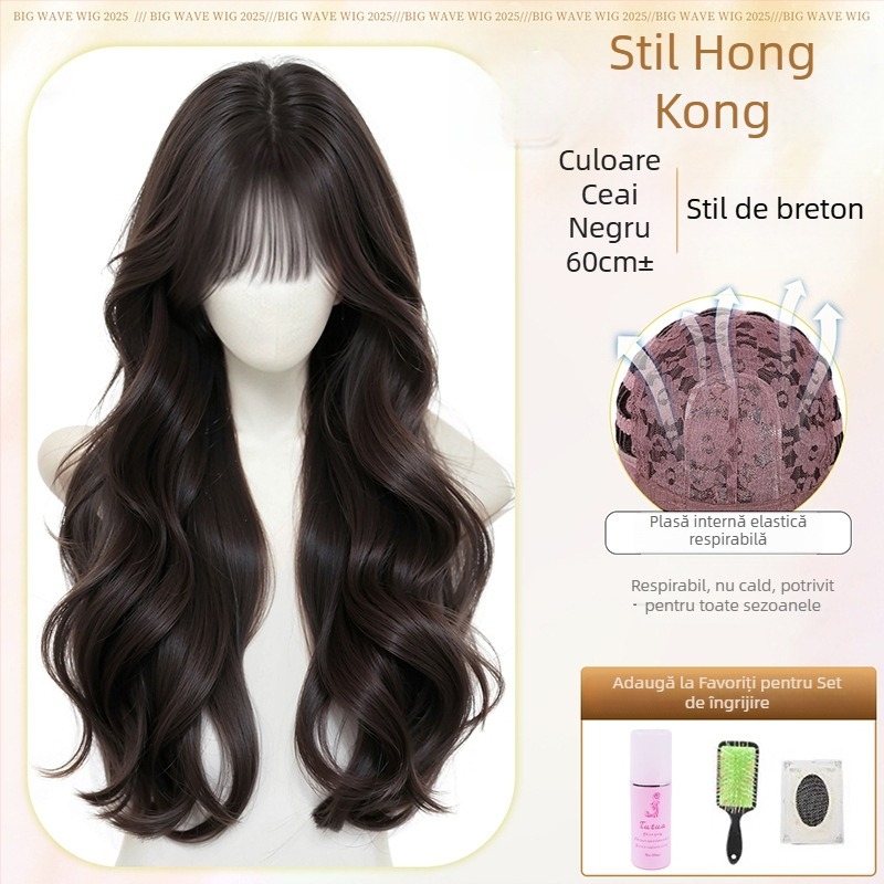 Perucă: păr lung cu bucle mari, aspect natural, fibră termorezistentă, breton oblic, acoperire completă a capului