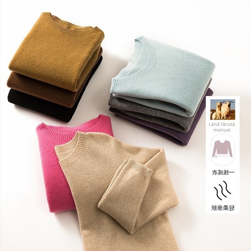 Pulover femei fără cusur din lână 95%+, guler rotund, tricot gros, mâneci lungi, lungime standard, toamnă-iarnă 2024