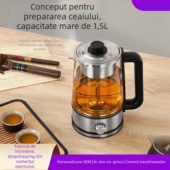 Ceainic automat din sticlă borosilicată, capacitate 1–1,5 L, 220 V, 500-1000 W, control mecanic