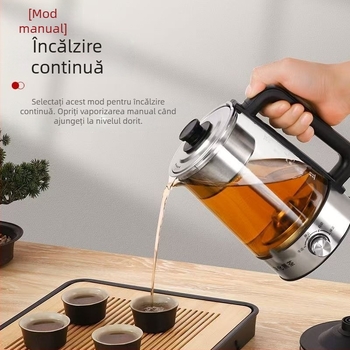 Ceainic automat din sticlă borosilicată, capacitate 1–1,5 L, 220 V, 500-1000 W, control mecanic