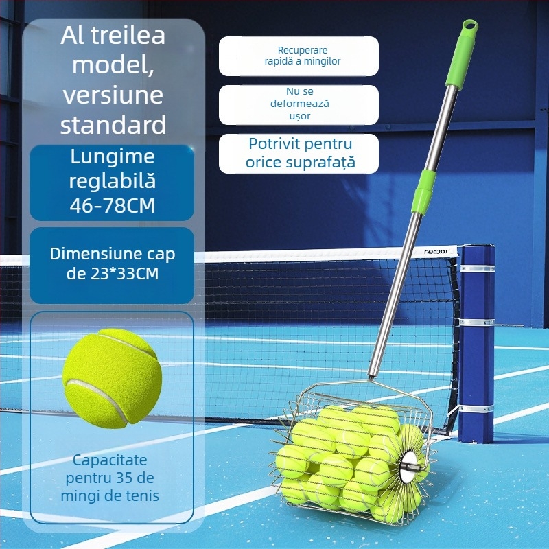 Colector de mingi de tenis din oțel inoxidabil, telescopic, automat, împingere manuală, capacitate mare