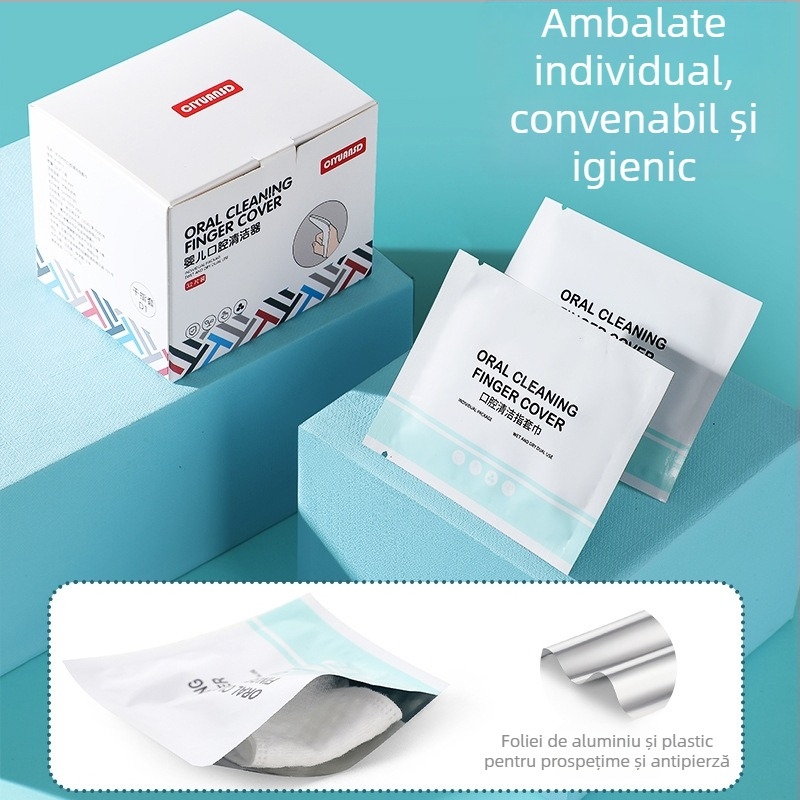 Curățător bucal de unică folosință pentru bebeluși, cu clemă deget pentru curățarea limbii, tifon, destinat copiilor 0–1 an, cutie cu 240 bucăți