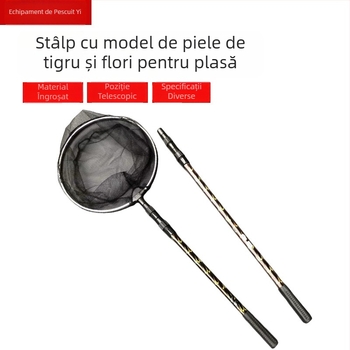 Tijă telescopică din aliaj de aluminiu pentru plasă de pescuit, model piele de tigru, cap plasă