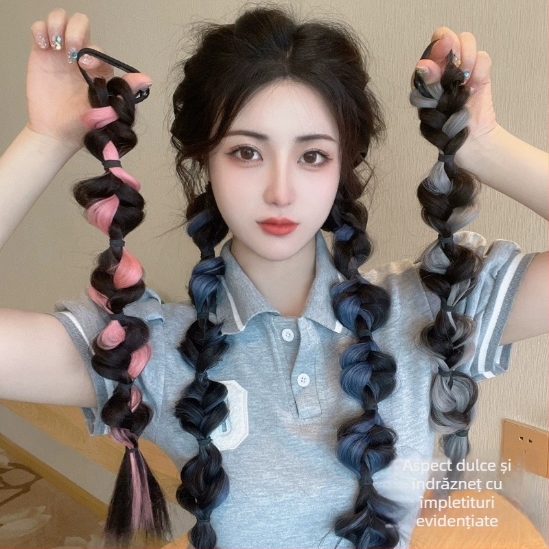 Perucă cu bucle bubble braid și coadă de cal, fibre rezistente la căldură, lungime medie spre lungă, aspect natural pentru doamne