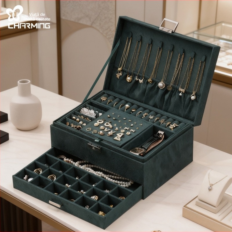 Casegrace Cutie de bijuterii, stocare cu trei straturi, model sp01359, material cortical, duritate hard