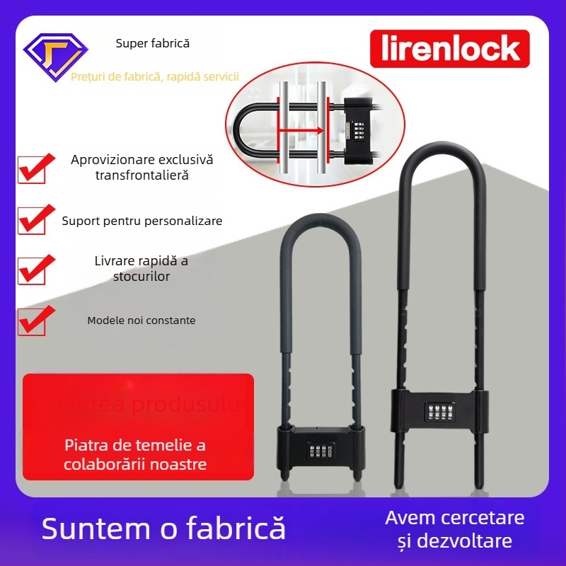 Încuietoare în formă de U cu parolă pentru porți din sticlă și biciclete electrice, securitate mecanică din metal, brand Liren, model U-lock, grosime tijă 16 mm