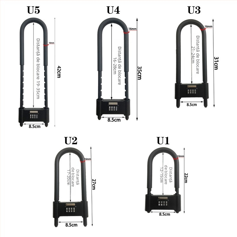 Încuietoare în formă de U cu parolă pentru porți din sticlă și biciclete electrice, securitate mecanică din metal, brand Liren, model U-lock, grosime tijă 16 mm