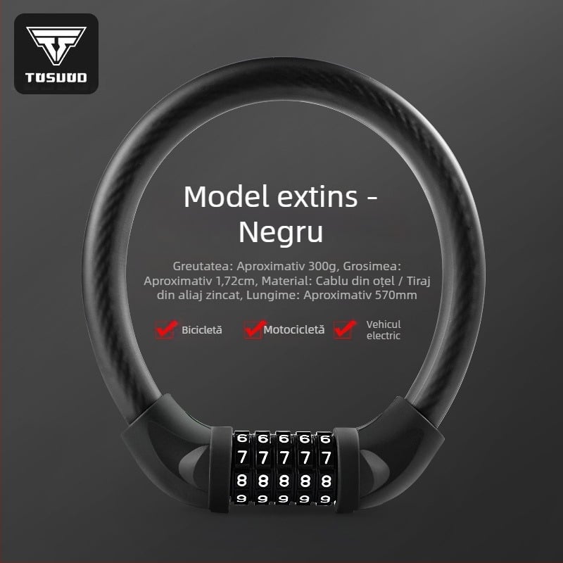 Lacăt pentru bicicletă Tosuod cu parolă de 5 cifre, din metal, lacăt inelar, portabil